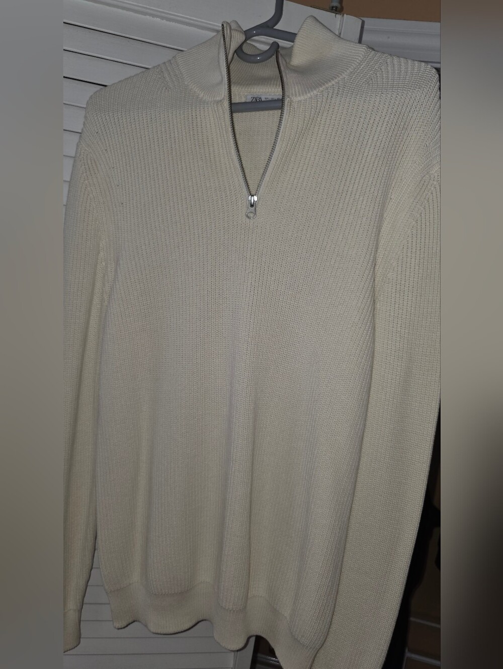 Zara Men Cream Zip-Neck Ribbed Sweater